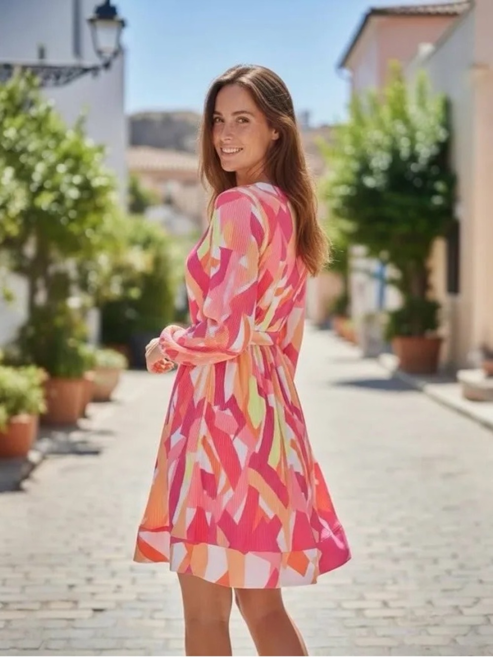 Nicole Miller Vibrant Abstract Geometric Belted V-Neck Long Sleeve Dress Sise:SM